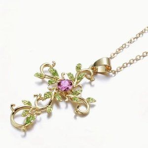 NEW Delicate Gold Vine Entwined Cross Necklace Pink Crystal